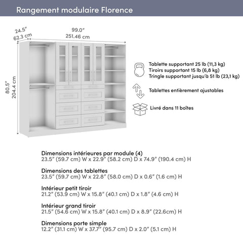 Modular Closet System with Shelves, Drawers, Doors, Clothing Rods & LED Lights, Shaker Style, 100W x 25D