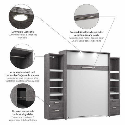Queen Murphy Bed and 2 Narrow Closet Organizers with Drawers (105W)