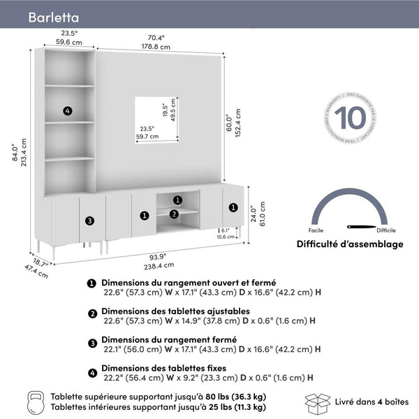 94W Modular Entertainment Center with TV Stand, Storage Cabinet, Hutch, and Small Wall Panel