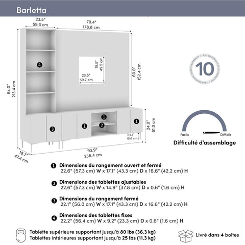 94W Modular Entertainment Center with TV Stand, Storage Cabinet, Hutch, and Small Wall Panel