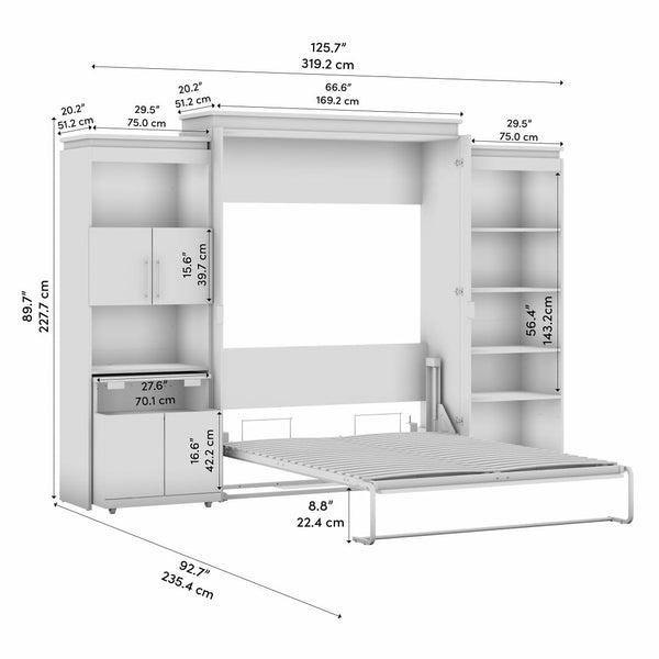 Queen Murphy Bed with Shelves and Storage Cabinet with Fold-Out Desk (126W)