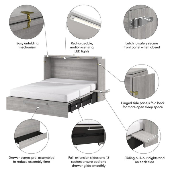 57W Full Murphy Cabinet Bed with Pullout Drawer and Mattress