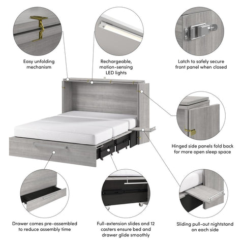 57W Full Murphy Cabinet Bed with Pullout Drawer and Mattress