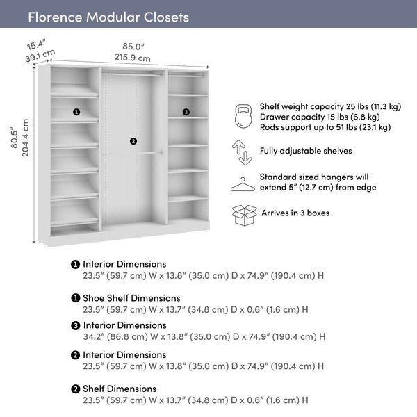 Modular Closet System with Shelves, Clothing Rods & Shoe Racks, 85W x 16D
