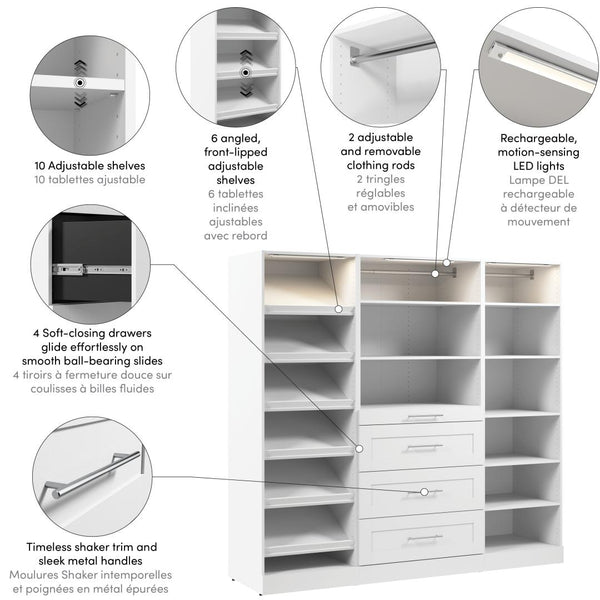 Modular closet System with Shelves, Drawers, Shoe Racks, Clothing Rods & LED Lights, Shaker Style, 85W x 25D