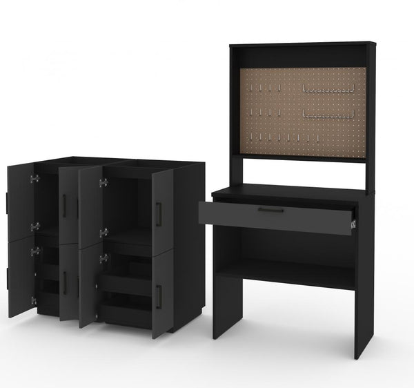 7-Piece Set including a Workbench with Pegboard and Stackable Storage Cabinets
