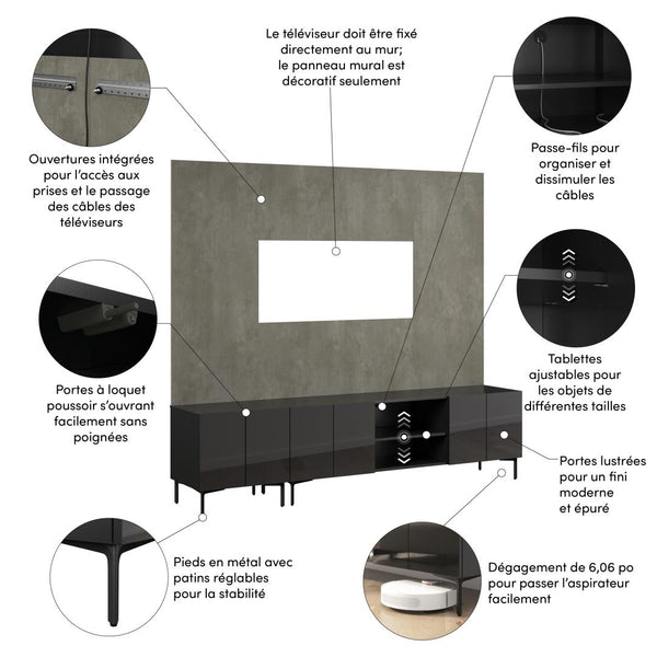 94W Modular Entertainment Center with TV Stand, Storage Cabinet, and Large Wall Panel