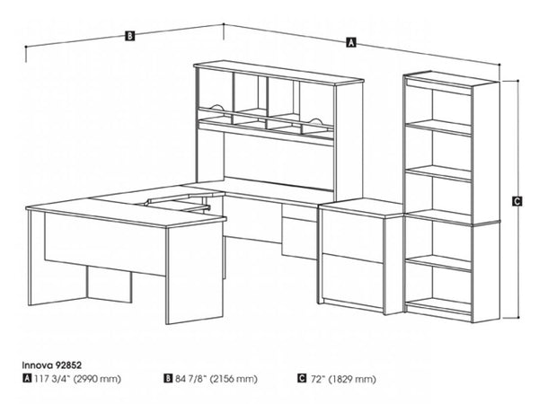3-Piece set including an L-shaped desk with hutch, a lateral file cabinet, and a bookcase