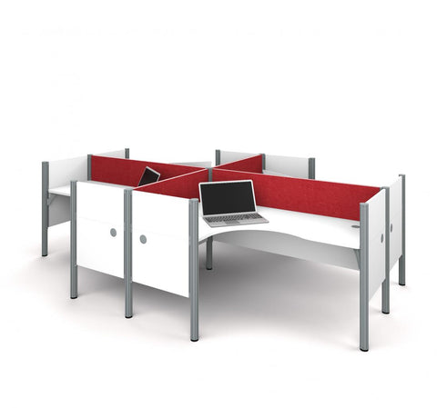 4-Person Office Cubicles with Red Tack Boards and Low Privacy Panels