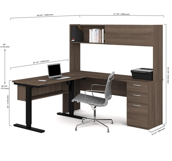 3-Piece set including a standing desk, a desk with hutch, and a credenza