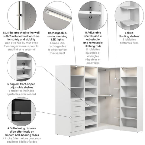 Modular L-Shaped Closet System with Shelves, Drawers, Shoe Racks, Clothing Rods & LED Lights, Shaker Style, 85W x 69D