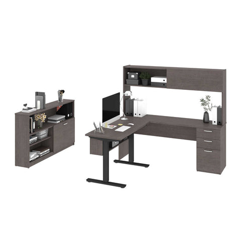 3-Piece set including a standing desk, a desk with hutch, and a credenza