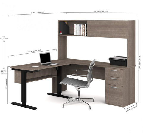 4-Piece set including a standing desk, a credenza desk with hutch, a lateral file cabinet, and a bookcase