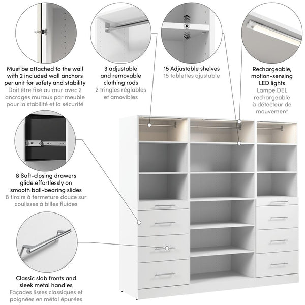 Modular Closet System with Shelves, Drawers, Clothing Rods & LED Lights, Slab Style, 85W x 25D