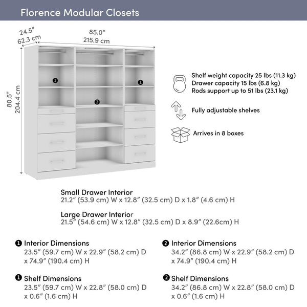 Modular Closet System with Shelves, Drawers, Clothing Rods & LED Lights, Slab Style, 85W x 25D