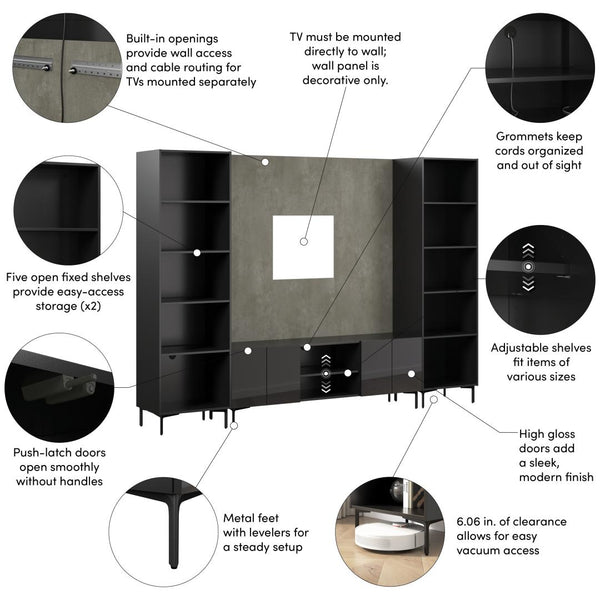 118W Modular Entertainment Center with TV Stand, Media Storage Towers, and Small Wall Panel