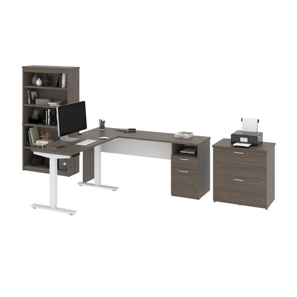 72W L-Shaped Standing Desk with Bookcase and File Cabinet