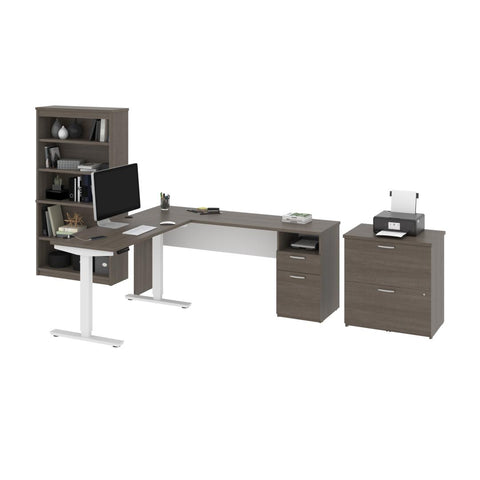 72W L-Shaped Standing Desk with Bookcase and File Cabinet