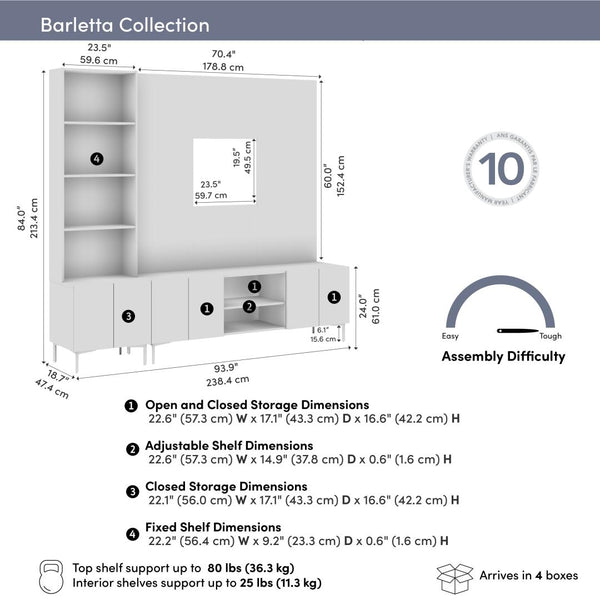 94W Modular Entertainment Center with TV Stand, Storage Cabinet, Hutch, and Small Wall Panel