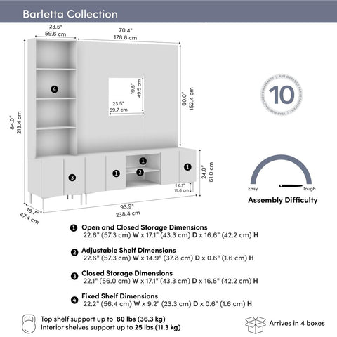 94W Modular Entertainment Center with TV Stand, Storage Cabinet, Hutch, and Small Wall Panel