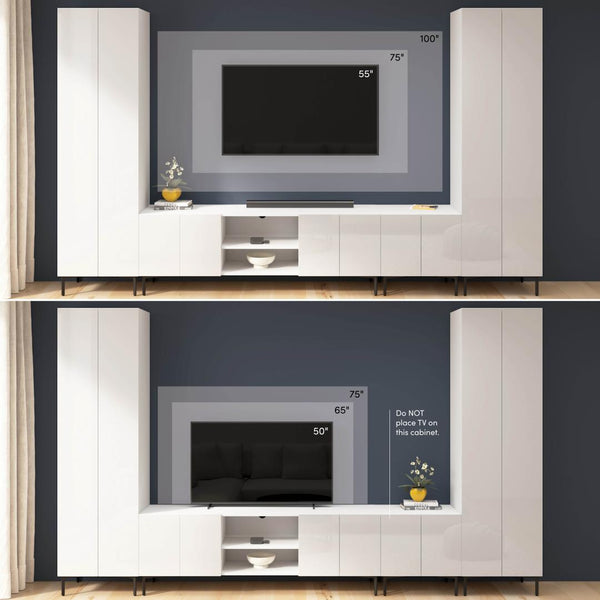 141W Modular Entertainment Center with TV Stand, Storage Cabinet, and Tall Storage Cabinets