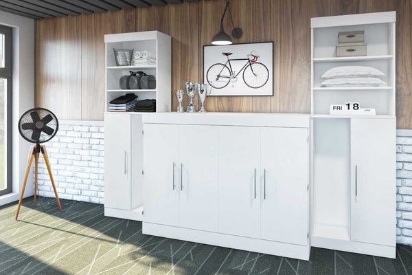5-Piece Set Including One Full Cabinet Bed with Mattress, Two 26″ Storage Units, and Two Hutches