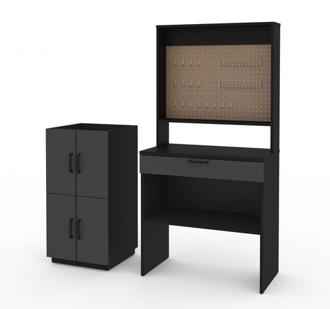 4-Piece Set including a Workbench with Pegboard and Stackable Storage Cabinets