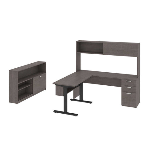 3-Piece set including a standing desk, a desk with hutch, and a credenza