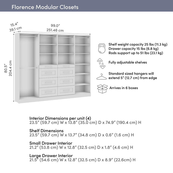 Modular Closet System with Shelves, Drawers & Clothing Rods, Shaker Style, 100W x 16D