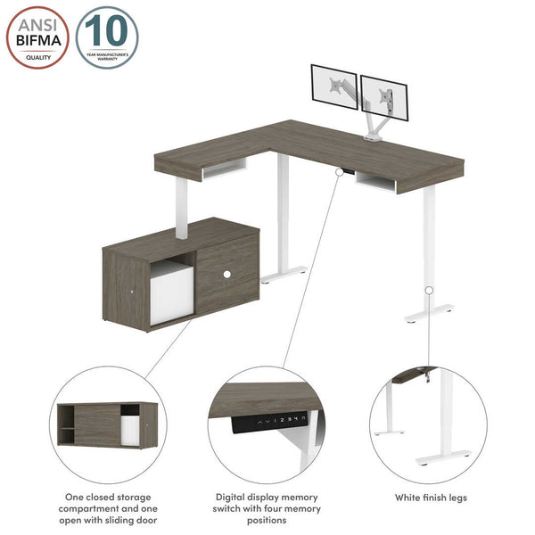 81W L-Shaped Standing Desk with Dual Monitor Arm and Credenza