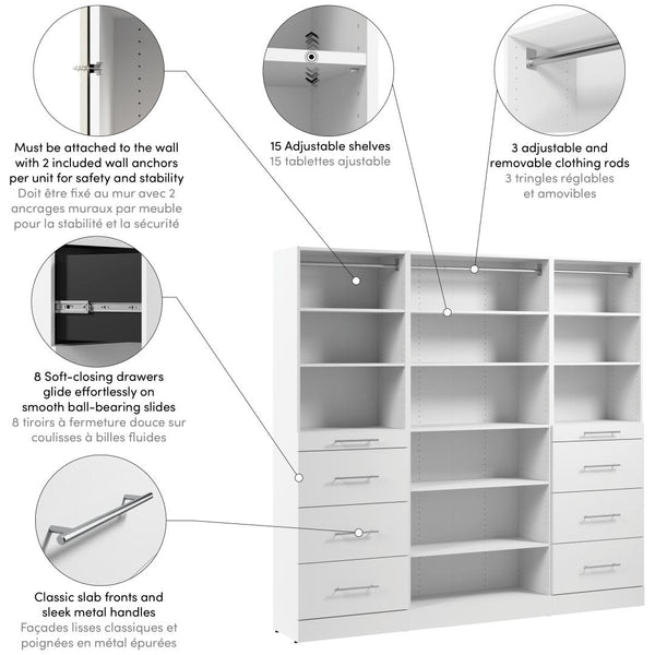 Modular Closet System with Shelves, Drawers & Clothing Rods, Slab Style, 85W x 16D