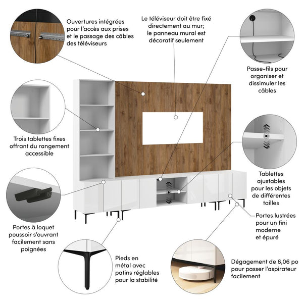 118W Modular Entertainment Center with TV Stand, Storage Cabinets, Hutch, and Large Wall Panel