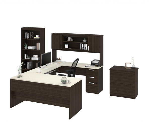 U-Shaped Executive Desk with Chair, a Lateral File Cabinet, and a Bookcase