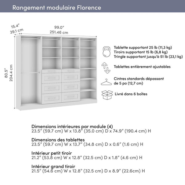 Modular Closet System with Shelves, Drawers & Clothing Rods, Shaker Style, 100W x 16D