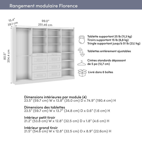 Modular Closet System with Shelves, Drawers & Clothing Rods, Shaker Style, 100W x 16D