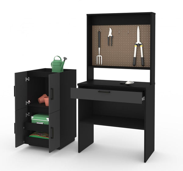 4-Piece Set including a Workbench with Pegboard and Stackable Storage Cabinets