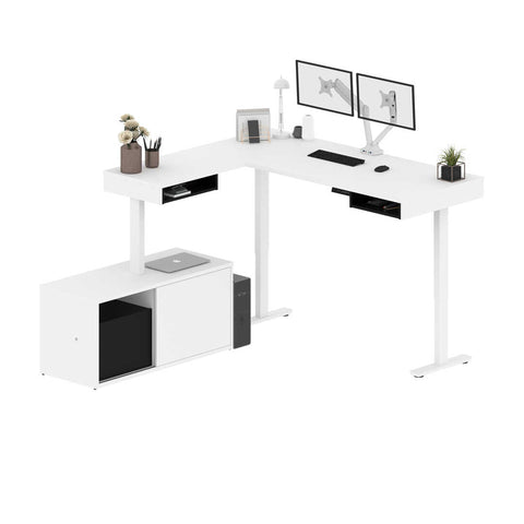 81W L-Shaped Standing Desk with Dual Monitor Arm and Credenza