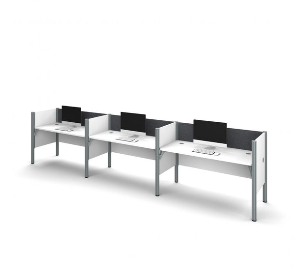 3-Person Office Cubicles with Gray Tack Boards and Low Privacy Panels