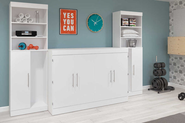 5-Piece Set Including One Queen Cabinet Bed with Mattress, Two 26″ Storage Units, and Two Hutches