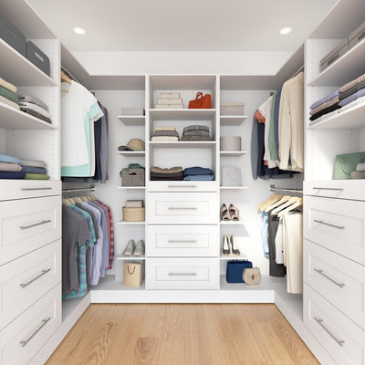 Modular U-Shaped Closet System with Shelves, Drawers & Clothing Rods, Shaker Style, 95W x 61D