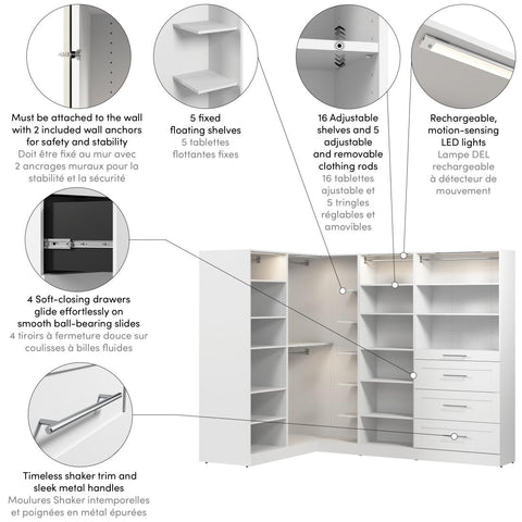 Modular L-Shaped Closet System with Shelves, Drawers, Clothing Rods & LED Lights, Shaker Style, 105W x 61D