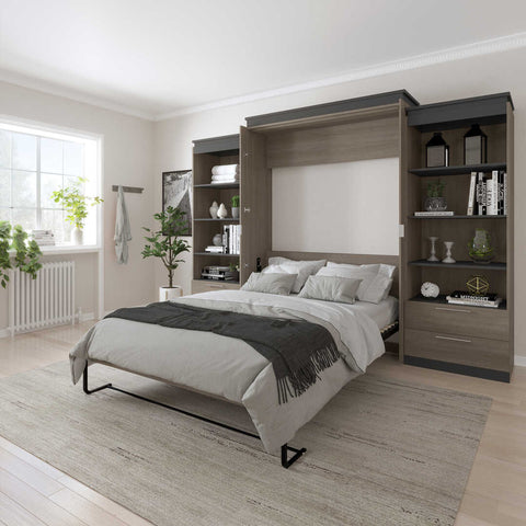 Queen Murphy Bed and 2 Shelving Units with Drawers (125W)