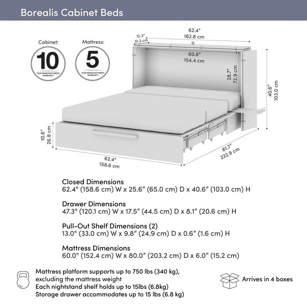 63W Queen Murphy Cabinet Bed with Pullout Drawer and Mattress