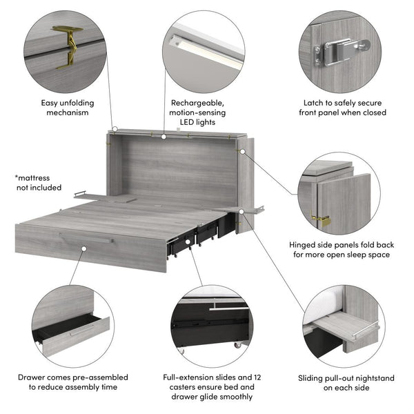 63W Queen Murphy Cabinet Bed with Pullout Drawer