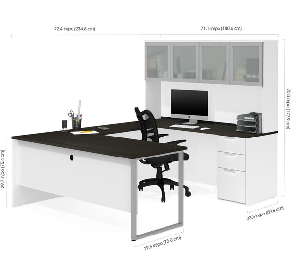 72W U-Shaped Executive Desk with Pedestal and Frosted Glass Doors Hutch