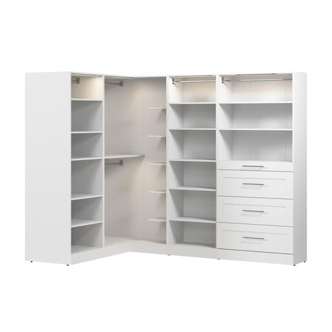 Modular L-Shaped Closet System with Shelves, Drawers, Clothing Rods & LED Lights, Shaker Style, 105W x 61D