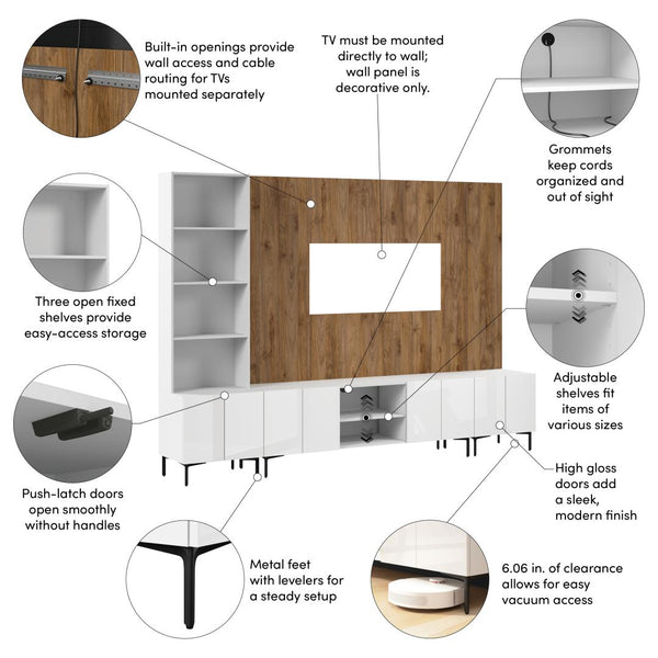 118W Modular Entertainment Center with TV Stand, Storage Cabinets, Hutch, and Large Wall Panel
