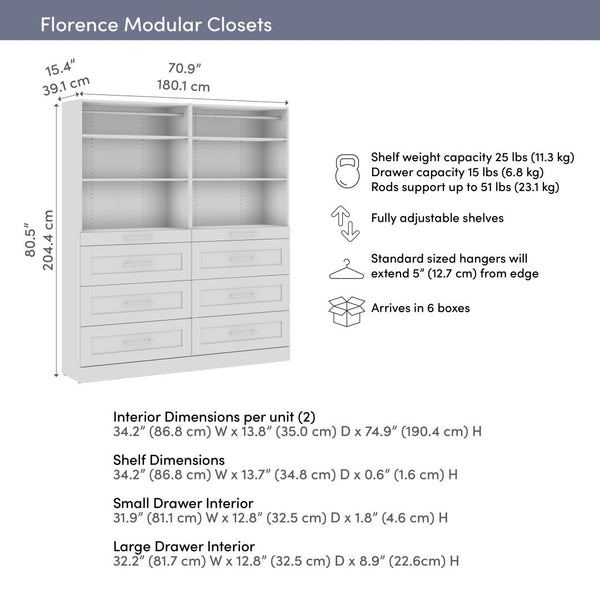 Modular Closet System with Shelves & Drawers, Shaker Style, 71W x 16D