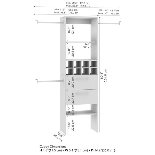 Closet Kit with Shelves, Clothing Rods, Drawers & Cubbies, 24W x 15D