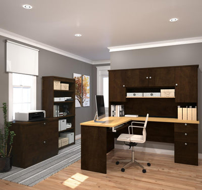 L-Shaped Desk with a Lateral File Cabinet and a Bookcase